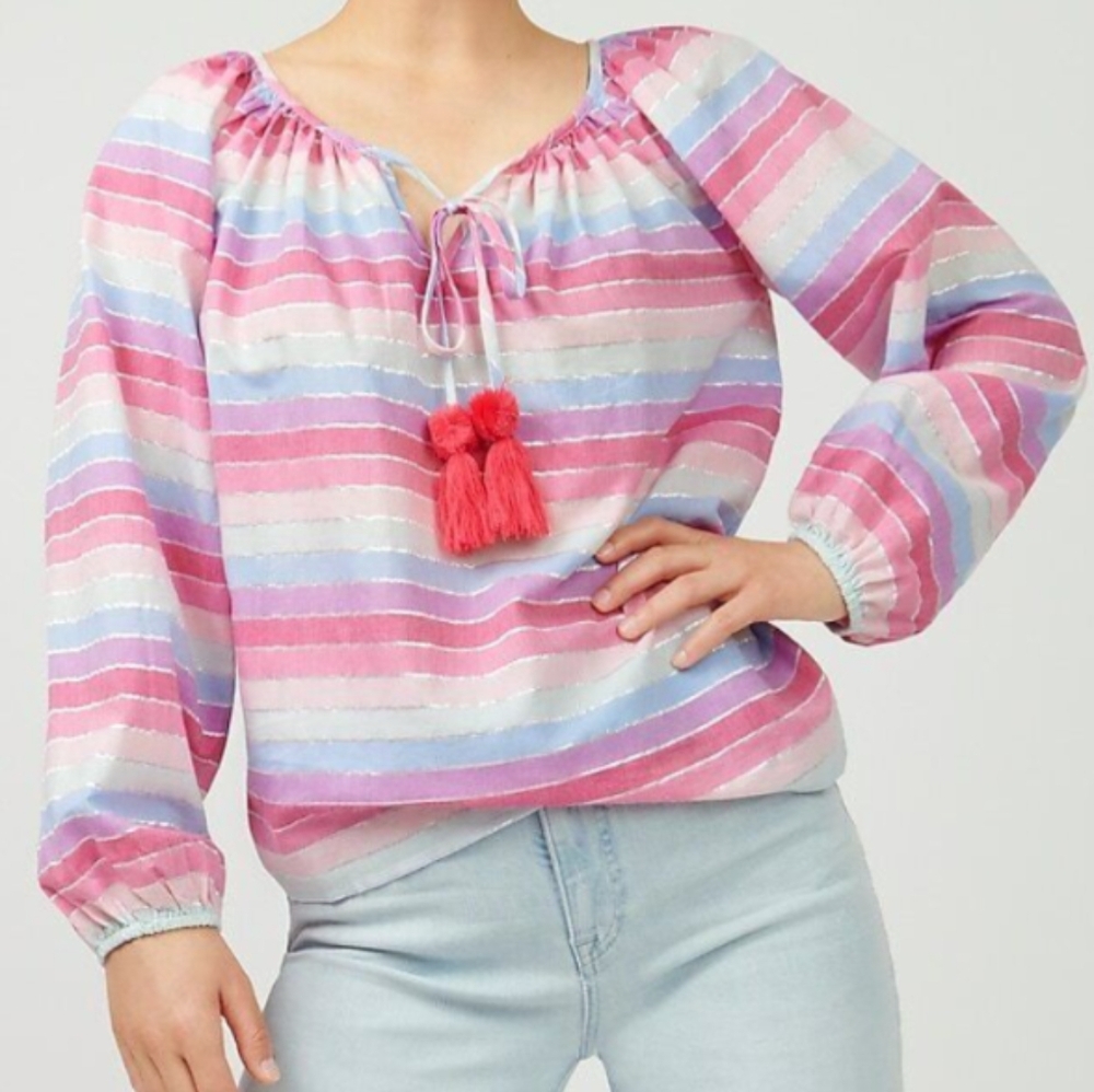 J Crew Rainbow Striped Top with Tassels